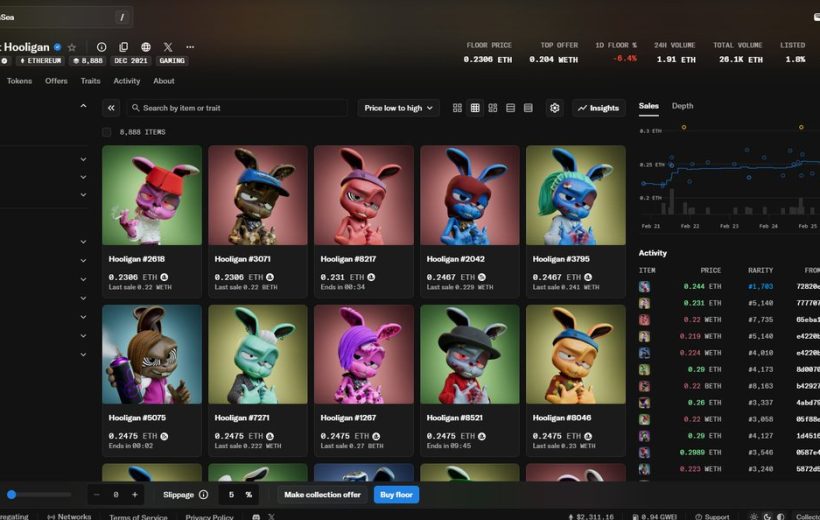 Grid of colorful "My Pet Hooligan" NFT bunny avatars with prices and stats visible
