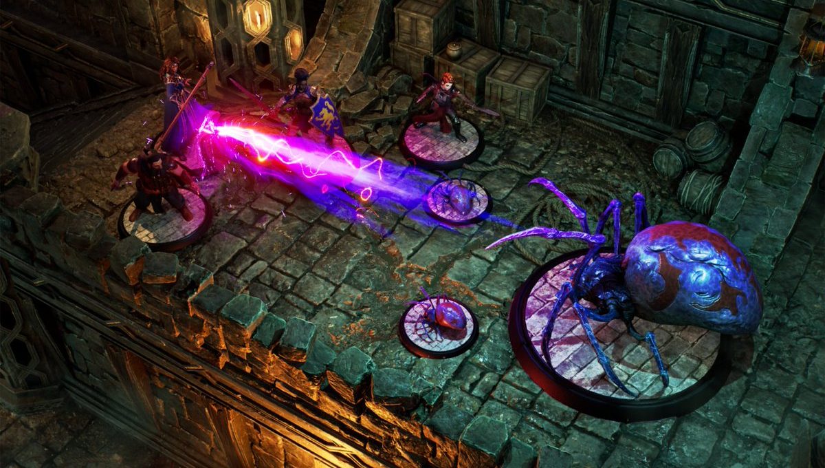 Fantasy party of adventurers firing a purple magic beam at a giant spider monster