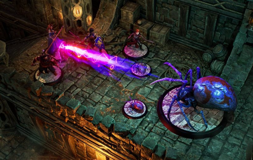 Fantasy party of adventurers firing a purple magic beam at a giant spider monster