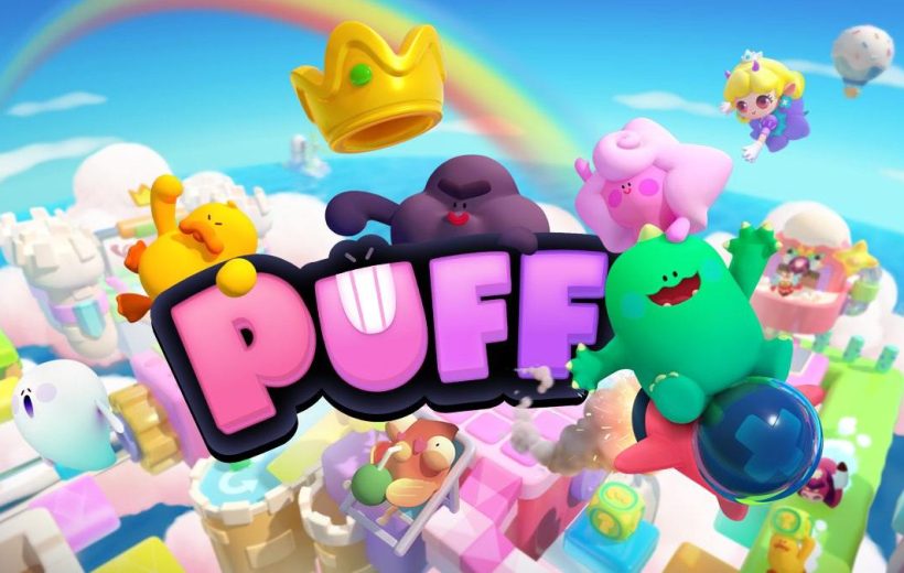 Colorful cartoon characters and a crown surrounding the bold word "PUFF" in sky.