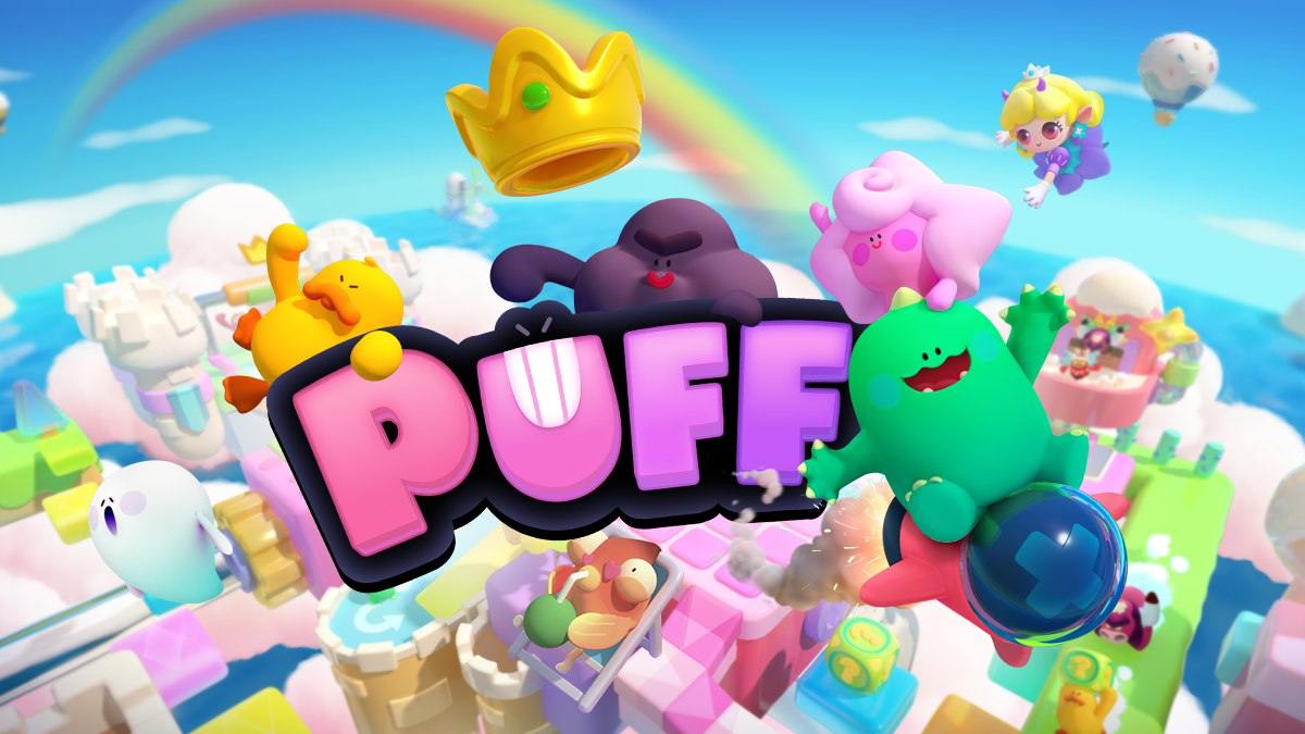 Colorful cartoon characters and a crown surrounding the bold word "PUFF" in sky.