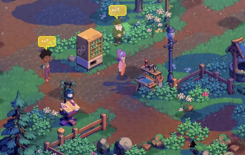 Pixel-art village scene with characters, vending machine, workbench, well, and foliage pathways