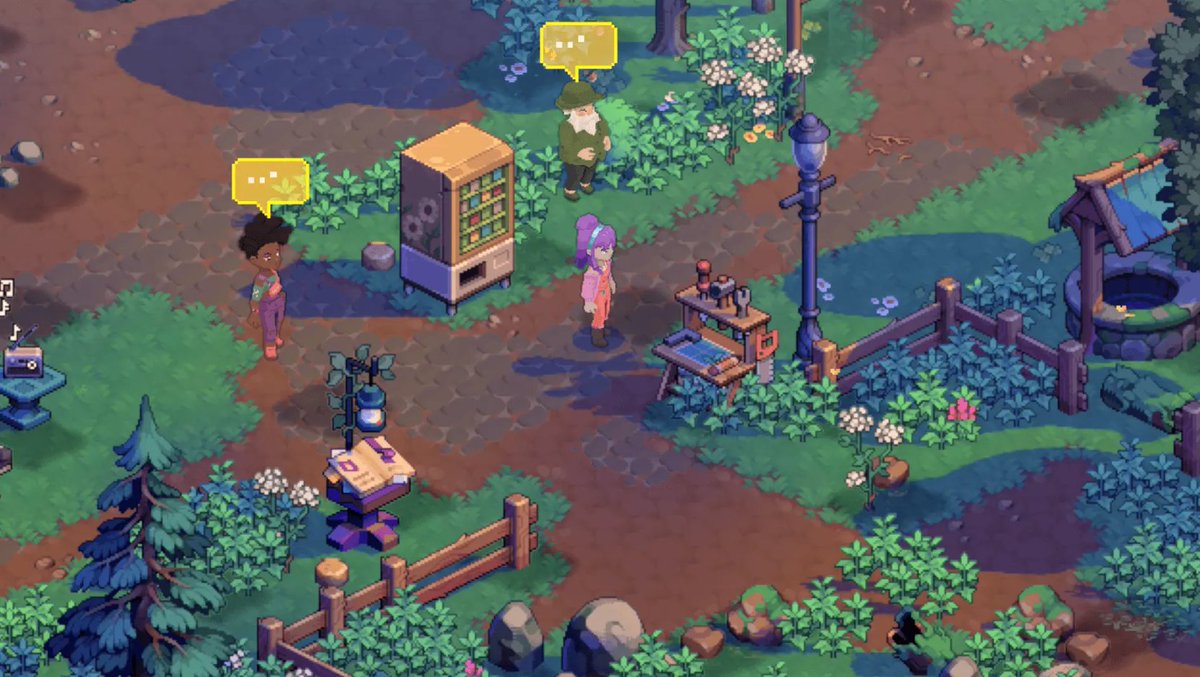 Pixel-art village scene with characters, vending machine, workbench, well, and foliage pathways