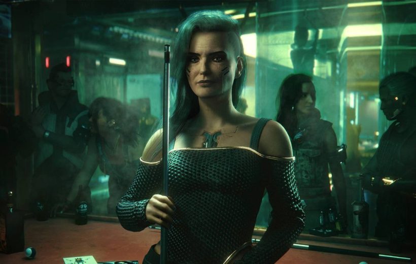 Woman with teal hair holding a pool cue in a smoky neon-lit bar.