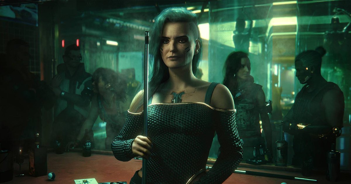 Woman with teal hair holding a pool cue in a smoky neon-lit bar.
