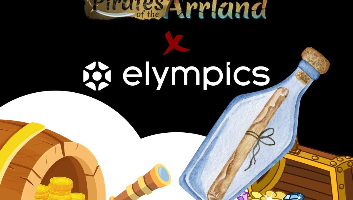 Pirate-themed graphic showing treasure chests, gold coins, a bottle message, and logos