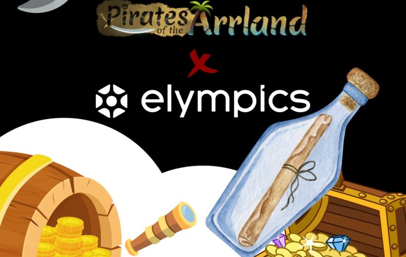 Pirate-themed graphic showing treasure chests, gold coins, a bottle message, and logos