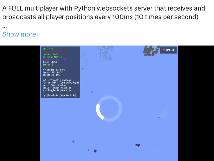 Multiplayer browser game screenshot showing sky view, HUD with stats and spinning loader.