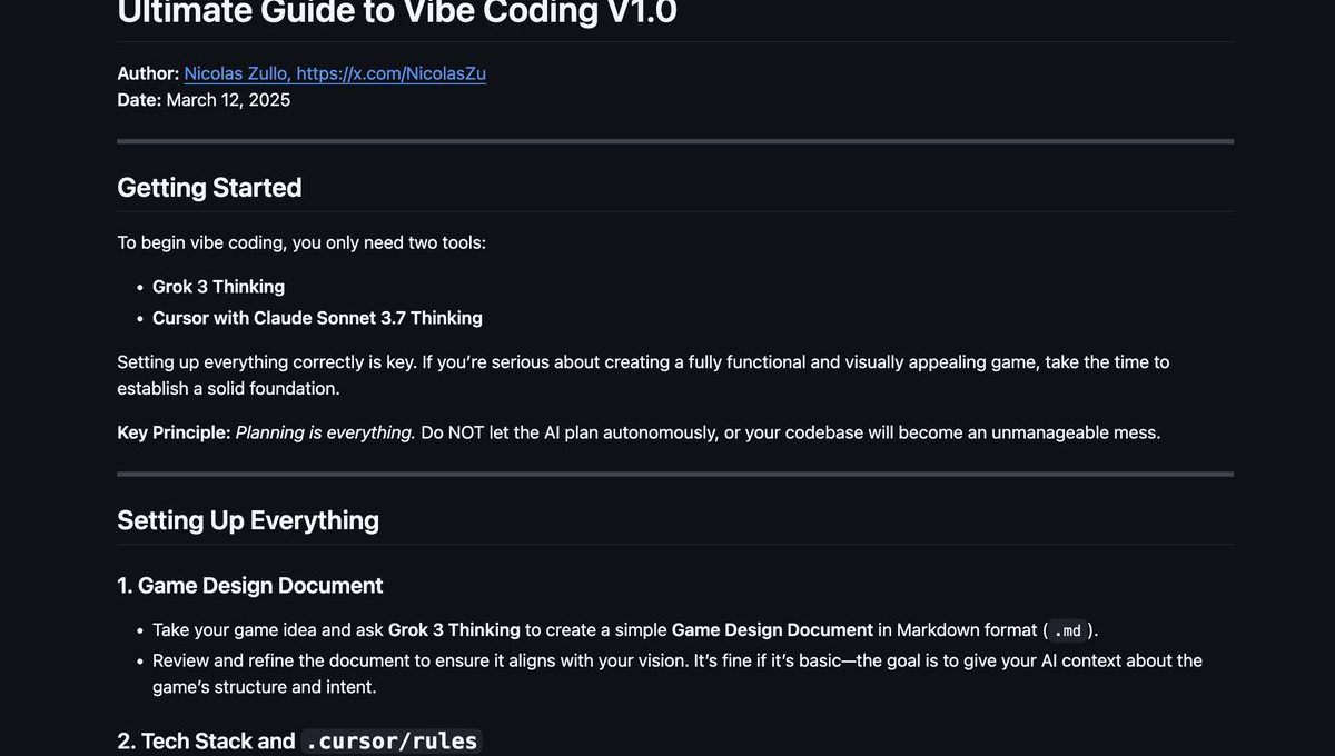 Dark webpage screenshot showing a "Ultimate Guide to Vibe Coding V1.0" tutorial document.