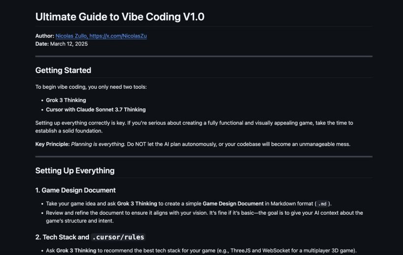 Dark webpage screenshot showing a "Ultimate Guide to Vibe Coding V1.0" tutorial document.