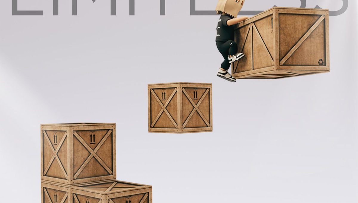 Child wearing paper bag mask climbing floating wooden crates under large "LIMITLESS" text