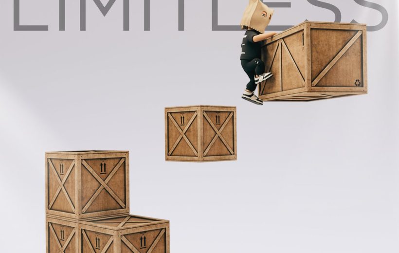 Child wearing paper bag mask climbing floating wooden crates under large "LIMITLESS" text