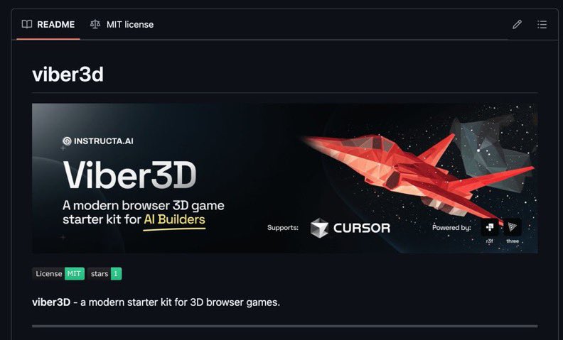 Dark webpage showcase titled "Viber3D" with polygonal red spaceship banner and description