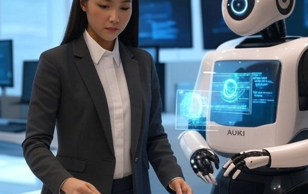 Businesswoman interacting with a touchscreen table while a humanoid robot displays holographic data.