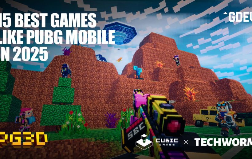 Colorful voxel shooter scene with players on blocky hills and a bright sky