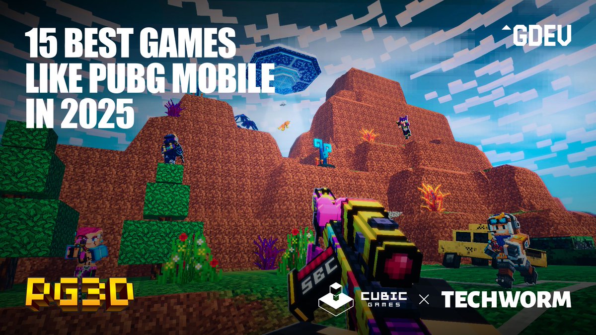 Colorful voxel shooter scene with players on blocky hills and a bright sky