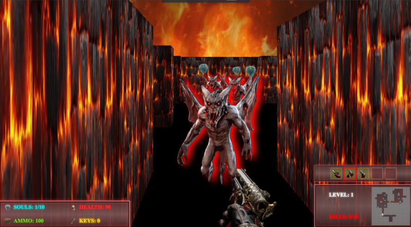 First-person shooter view of a player confronting demonic monsters in a lava maze