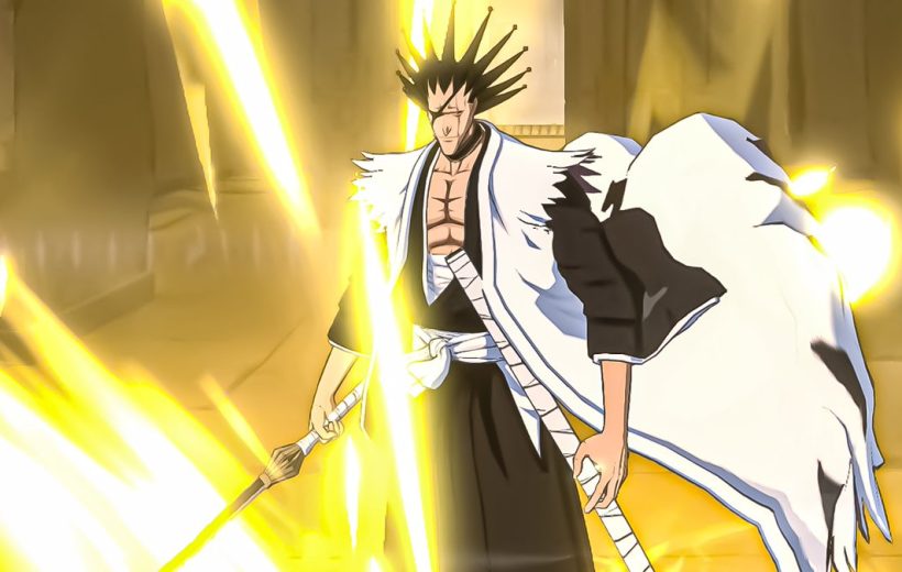 Anime warrior in white cloak wielding glowing yellow sword amid bright energy
