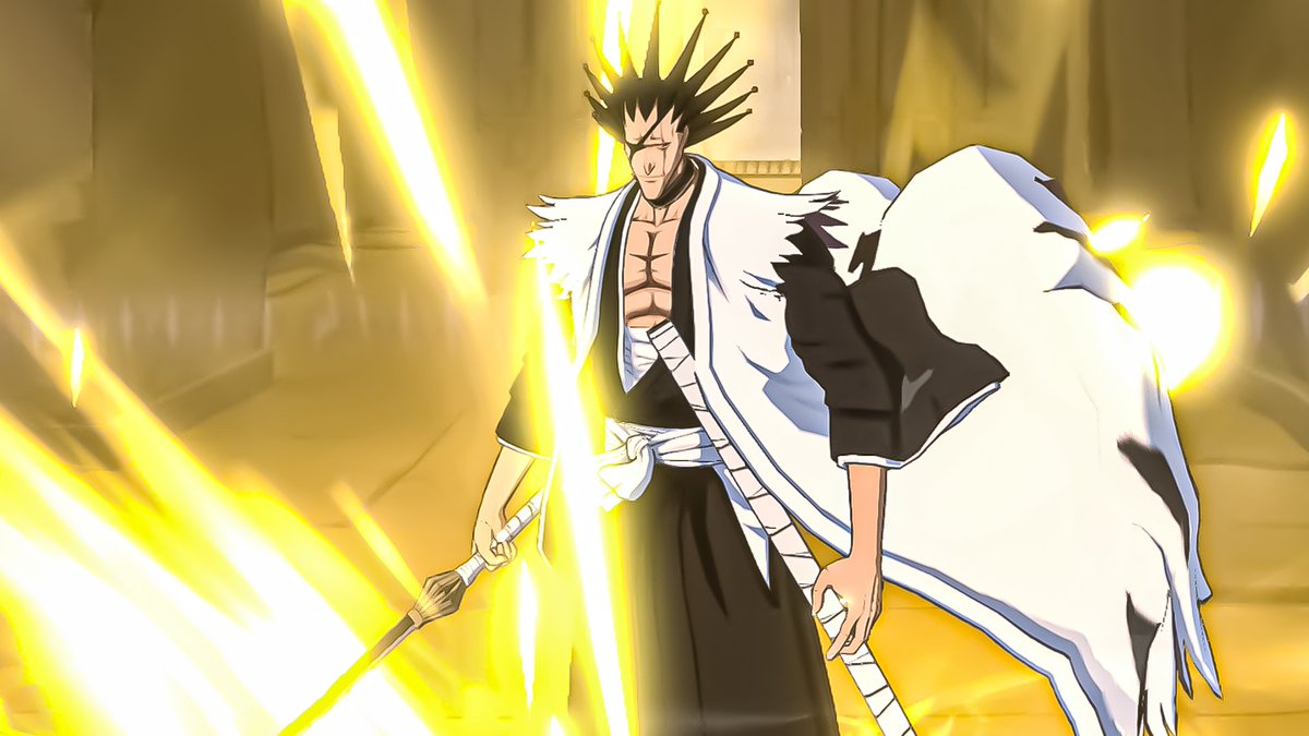 Anime warrior in white cloak wielding glowing yellow sword amid bright energy