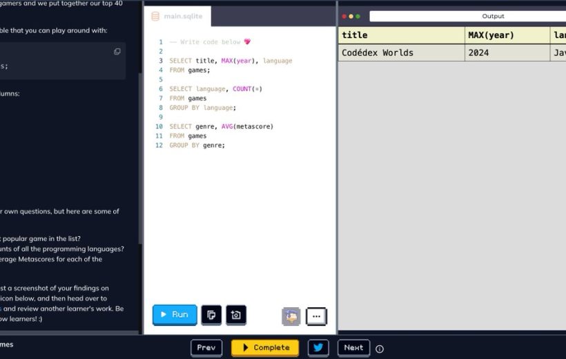Coding exercise webpage showing SQL query editor on left and query result table on right