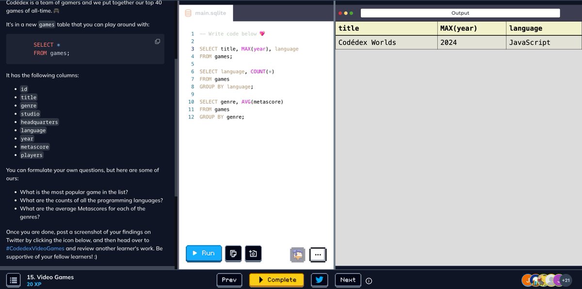 Coding exercise webpage showing SQL query editor on left and query result table on right