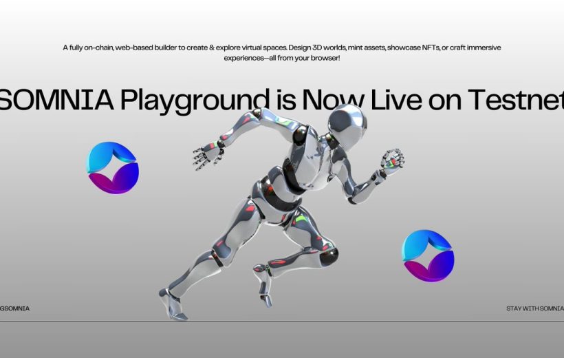 Shiny chrome humanoid robot sprinting across gray background under "SOMNIA Playground" headline