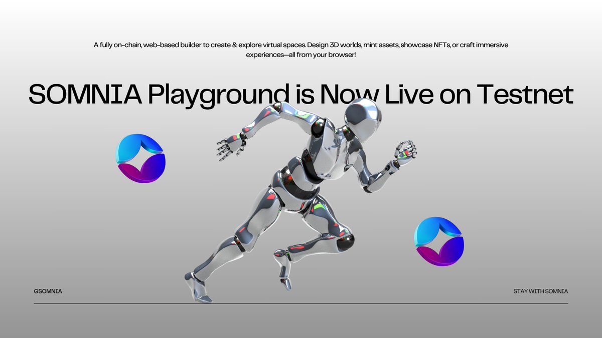 Shiny chrome humanoid robot sprinting across gray background under "SOMNIA Playground" headline