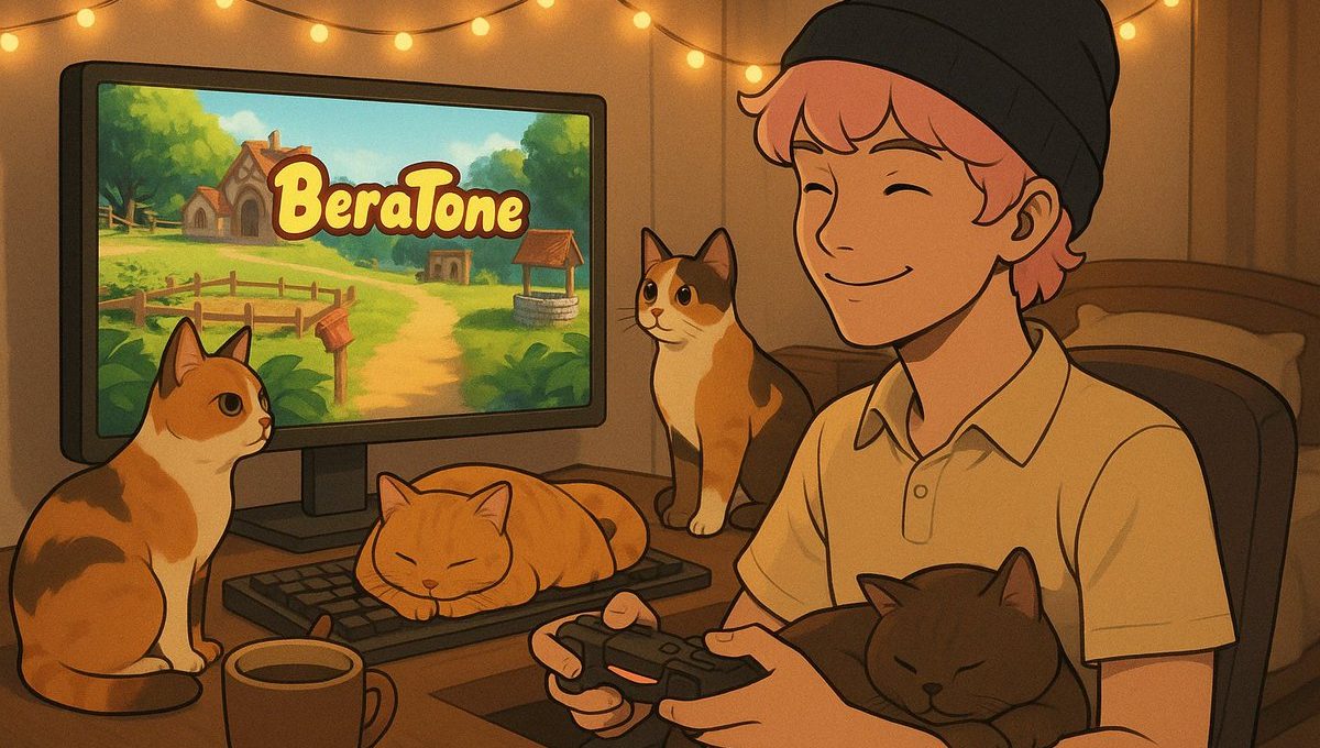 Person smiling while playing video game at a cozy desk surrounded by four cats.