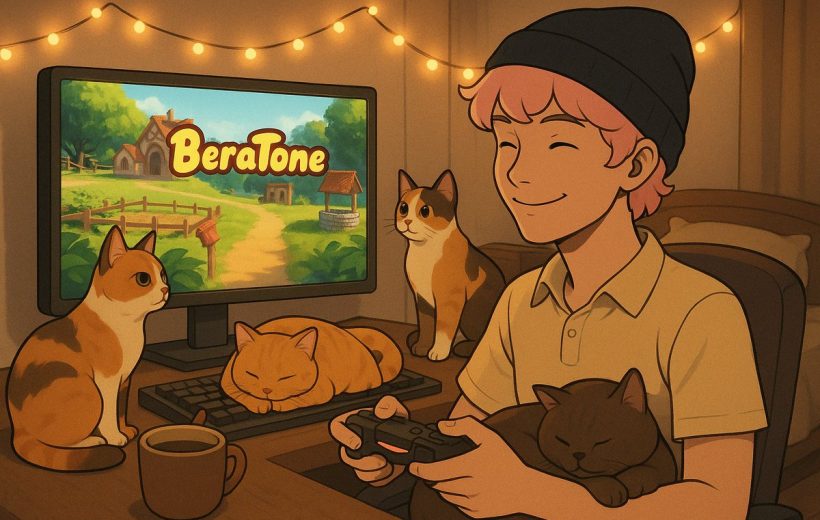 Person smiling while playing video game at a cozy desk surrounded by four cats.