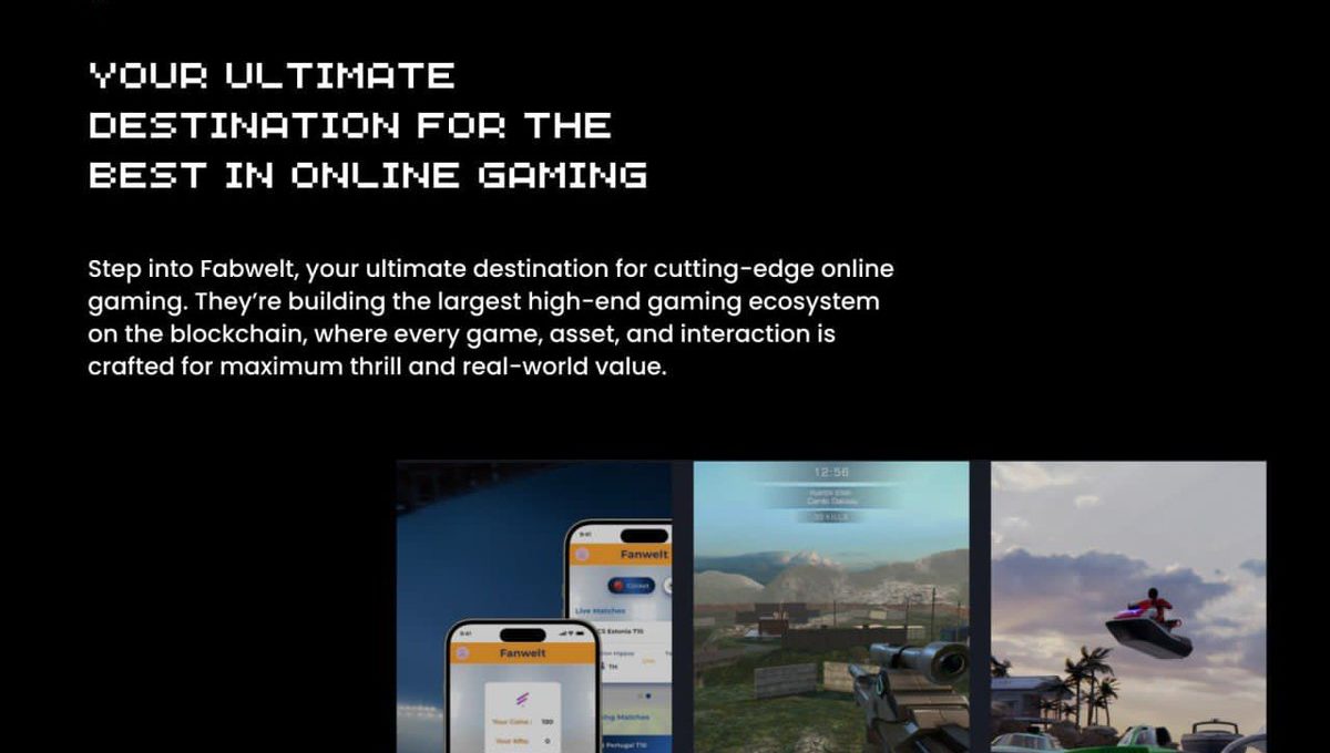 Fabwelt logo and text promoting an online gaming platform with three game screenshots