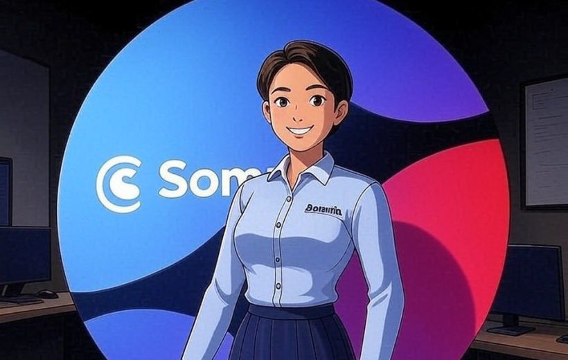Smiling female avatar in business attire standing before colorful circular Som logo backdrop