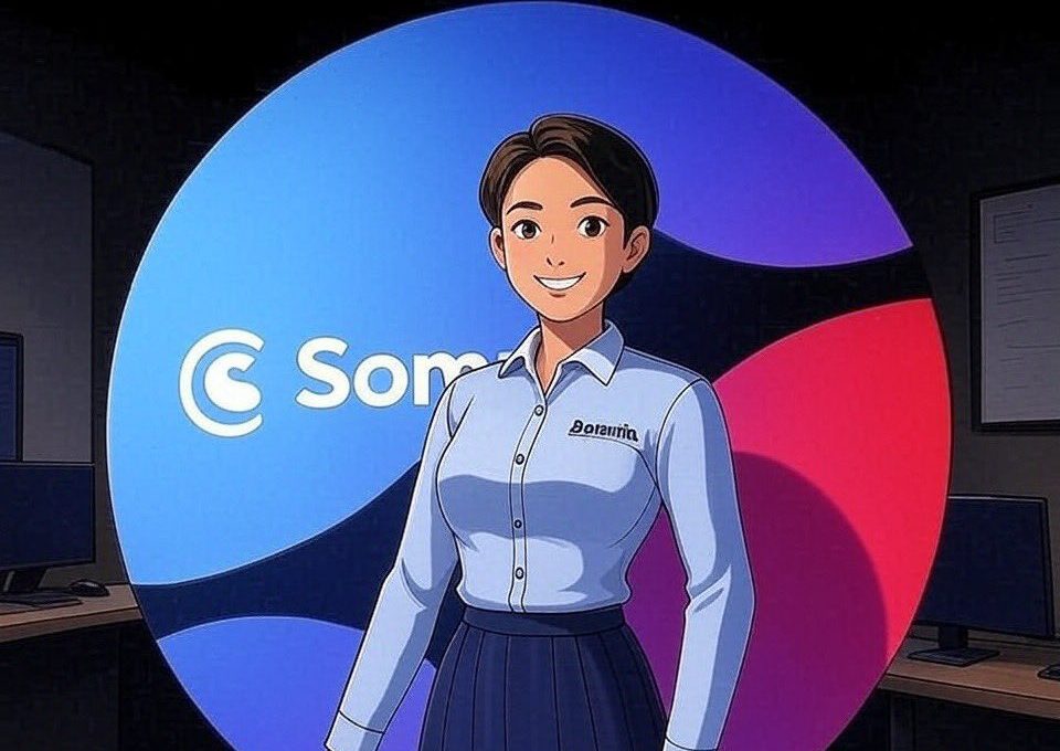 Smiling female avatar in business attire standing before colorful circular Som logo backdrop