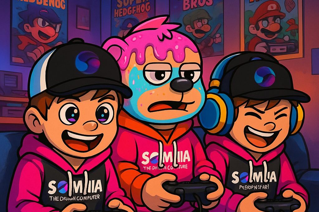Three friends in matching hoodies intensely playing video games on a couch