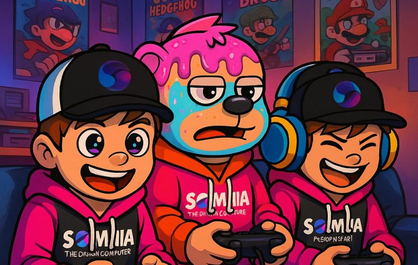 Three friends in matching hoodies intensely playing video games on a couch