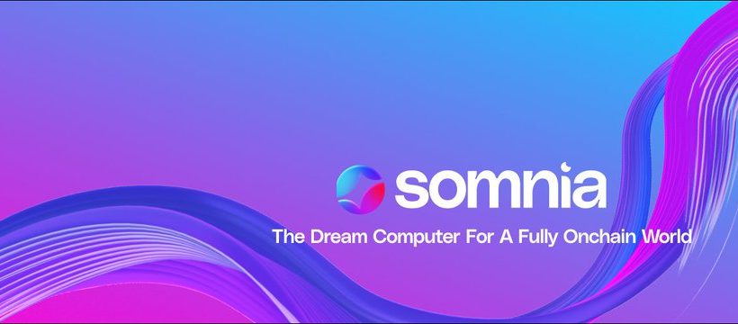 Somnia logo and slogan over purple-blue gradient with flowing ribbon graphics