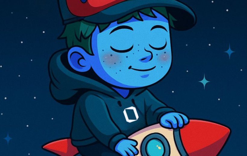 Blue-skinned child in hoodie wearing a monster hat riding a toy rocket through stars
