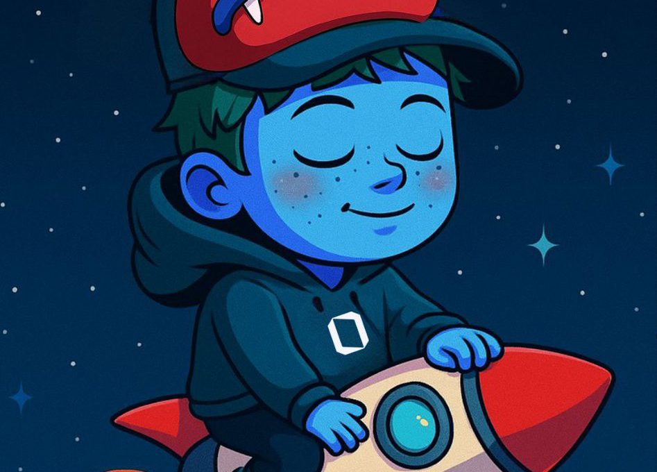 Blue-skinned child in hoodie wearing a monster hat riding a toy rocket through stars