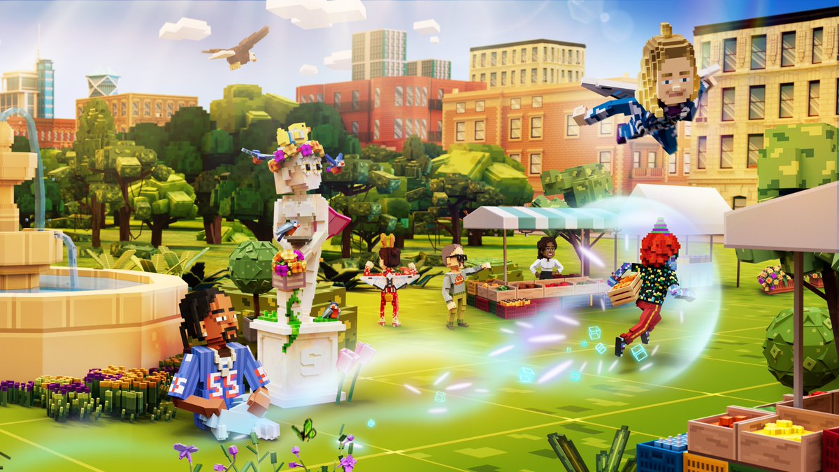Colorful voxel park scene with market stalls, fountain, statue, and flying characters