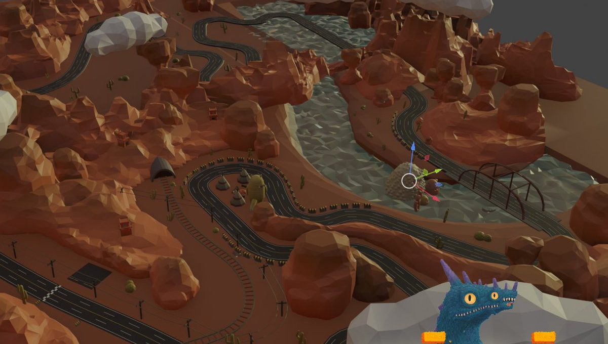 Low-poly desert racetrack winding through red rock canyons with KOBO logo.