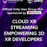 Purple poster with Unity and Paraverse logos promoting cloud XR streaming for 3D developers