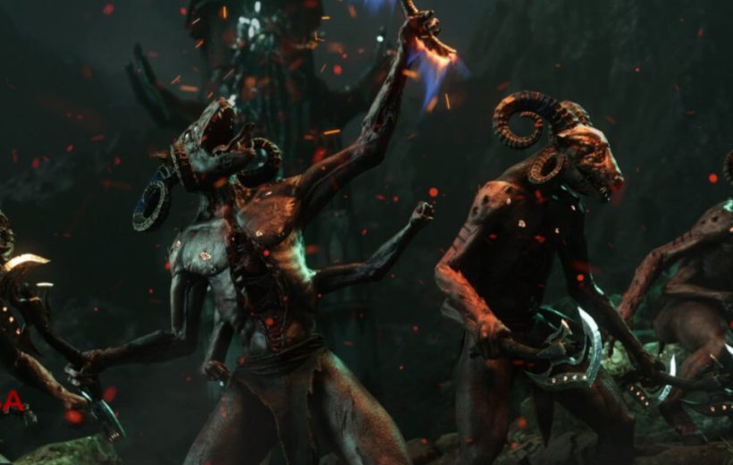Horned demonic warriors with twisted bodies and flaming weapons in dark cavern