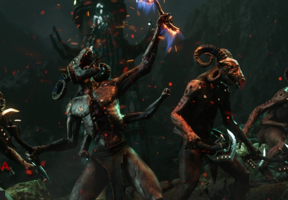 Horned demonic warriors with twisted bodies and flaming weapons in dark cavern