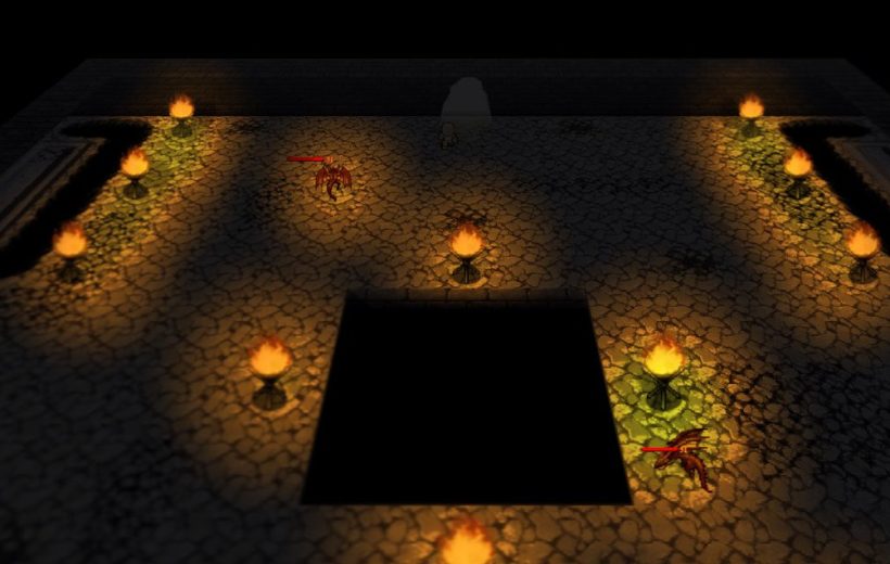 Dimly lit dungeon floor with torches, a central pit, and two red creatures
