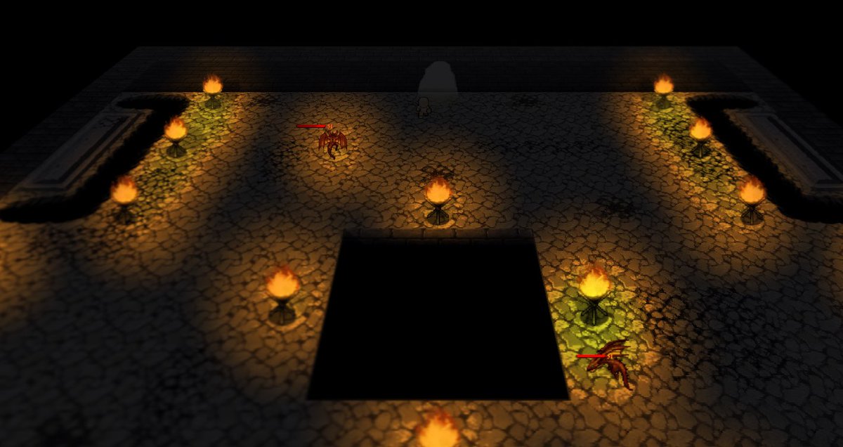 Dimly lit dungeon floor with torches, a central pit, and two red creatures