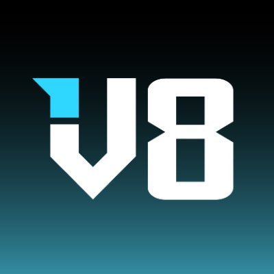 Bold white "V8" logo with a small cyan accent on a dark teal gradient background