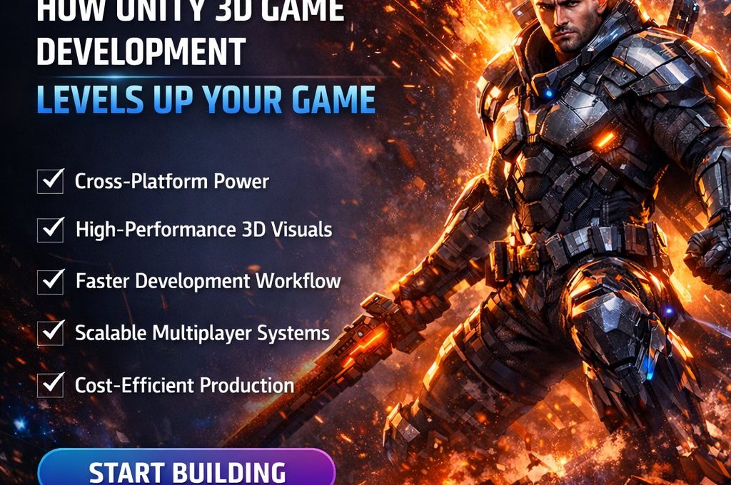 Armored sci-fi soldier with glowing orange effects beside Unity 3D game development benefits list