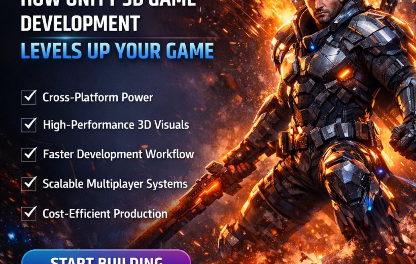 Armored sci-fi soldier with glowing orange effects beside Unity 3D game development benefits list