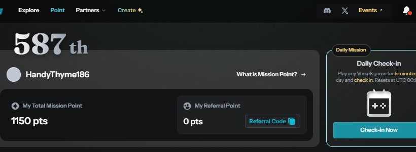 User dashboard showing rank 587, username HandyThyme186, points total 1150 and daily check-in prompt
