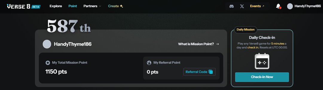 User dashboard showing rank 587, username HandyThyme186, points total 1150 and daily check-in prompt