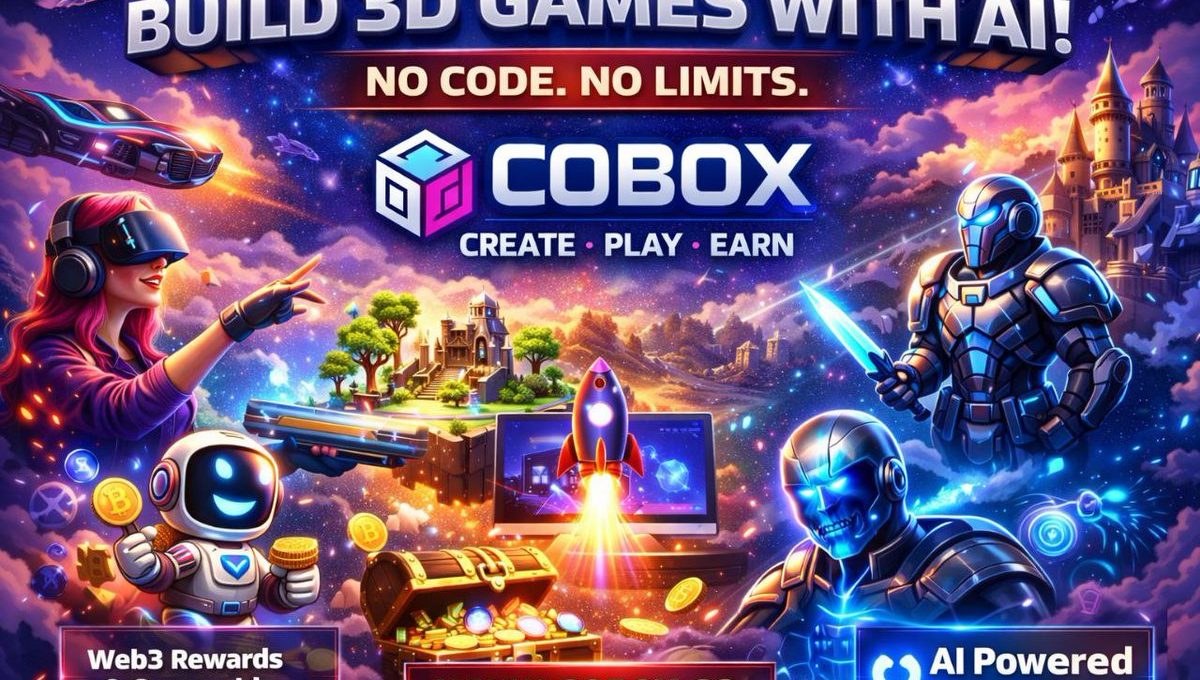 Colorful game-themed banner showing futuristic characters, VR player, rocket, treasure, and castle.